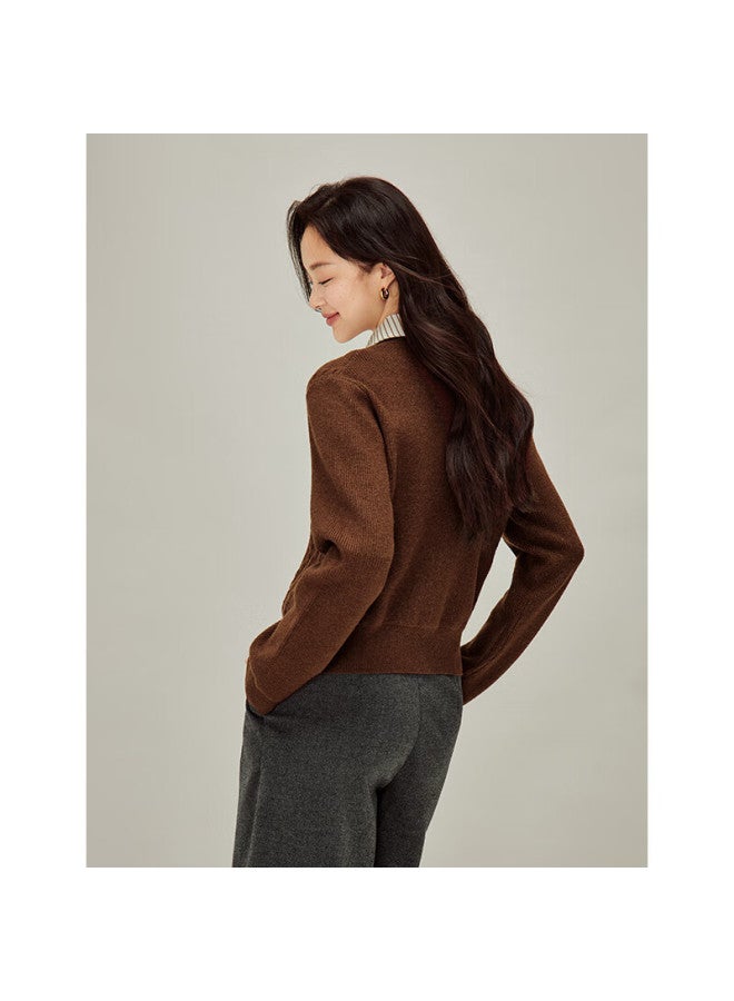 Inman Academy Style Polo Collar Two-piece Twist Knit Sweater Autumn Women's New Knitted Cardigan Flower Coffee S - Image 2