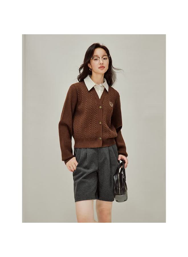 Inman Academy Style Polo Collar Two-piece Twist Knit Sweater Autumn Women's New Knitted Cardigan Flower Coffee S - Image 3