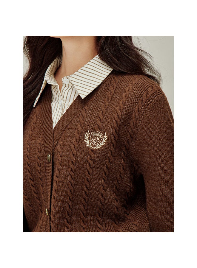 Inman Academy Style Polo Collar Two-piece Twist Knit Sweater Autumn Women's New Knitted Cardigan Flower Coffee S - Image 1