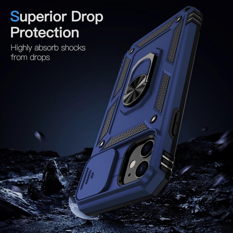 Weycolor for iPhone 13 Case with Camera Lens Cover HD Screen Protector, 10 FT Military Grade Drop Protection, Magnetic Ring Holder Kickstand Protective Phone Case for iPhone 13 6.1 inch, Navy Blue - Image 4