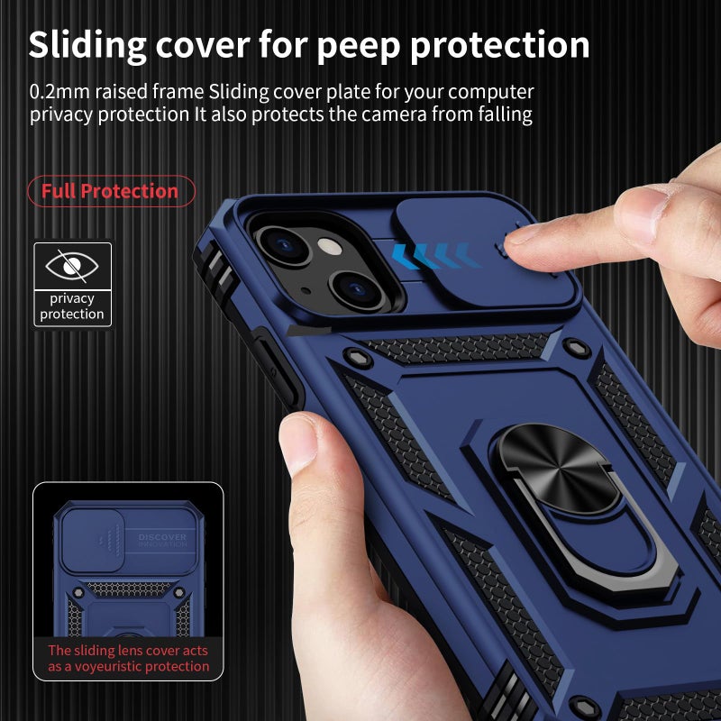 Weycolor for iPhone 13 Case with Camera Lens Cover HD Screen Protector, 10 FT Military Grade Drop Protection, Magnetic Ring Holder Kickstand Protective Phone Case for iPhone 13 6.1 inch, Navy Blue - Image 3