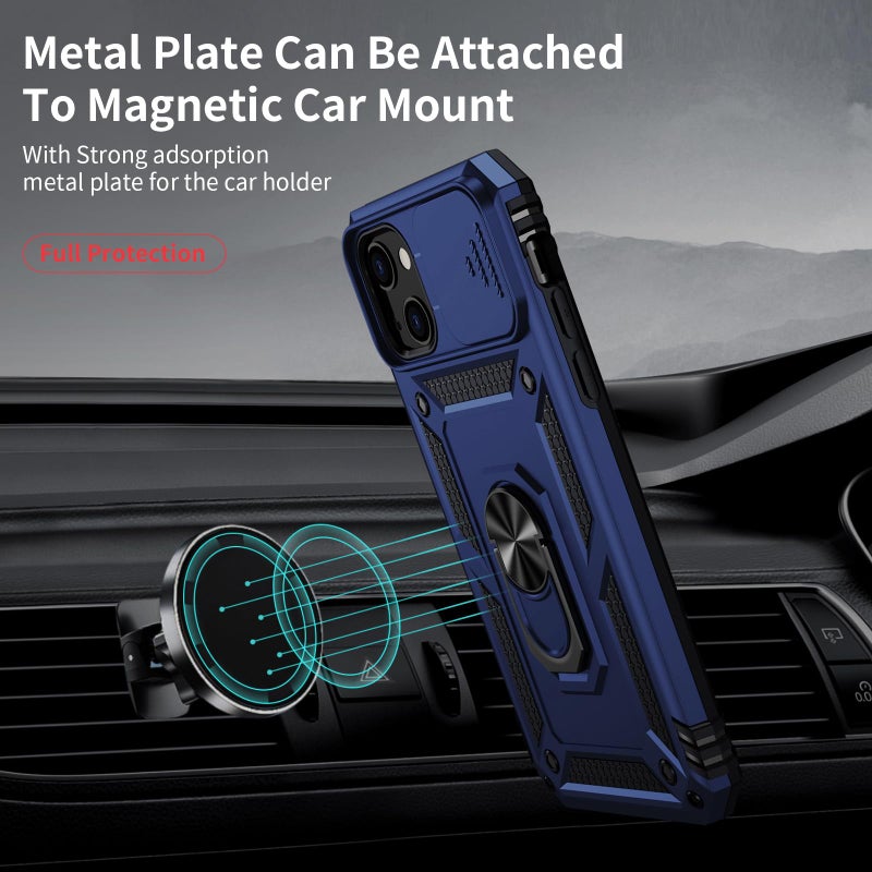 Weycolor for iPhone 13 Case with Camera Lens Cover HD Screen Protector, 10 FT Military Grade Drop Protection, Magnetic Ring Holder Kickstand Protective Phone Case for iPhone 13 6.1 inch, Navy Blue - Image 2
