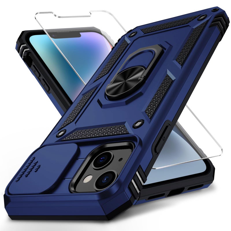 Weycolor for iPhone 13 Case with Camera Lens Cover HD Screen Protector, 10 FT Military Grade Drop Protection, Magnetic Ring Holder Kickstand Protective Phone Case for iPhone 13 6.1 inch, Navy Blue - Image 1