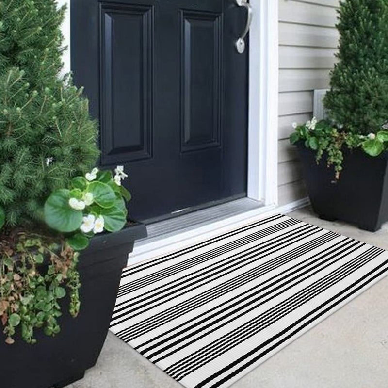 LEEVAN Black and White Striped Outdoor Rug  27.5""x43"" Cotton Modern Hand-Woven Reversible Front Porch Door Mat Welcome Layered Doormat Washable Doorway Carpet for Farmhouse Kitchen Laundry Room - Image 5