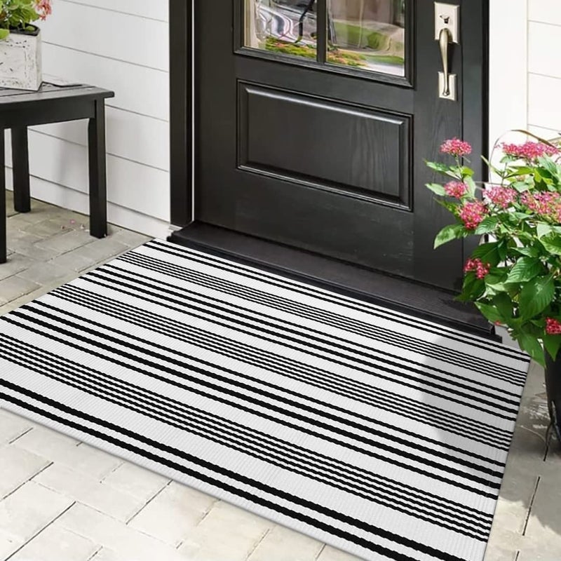 LEEVAN Black and White Striped Outdoor Rug  27.5""x43"" Cotton Modern Hand-Woven Reversible Front Porch Door Mat Welcome Layered Doormat Washable Doorway Carpet for Farmhouse Kitchen Laundry Room - Image 1