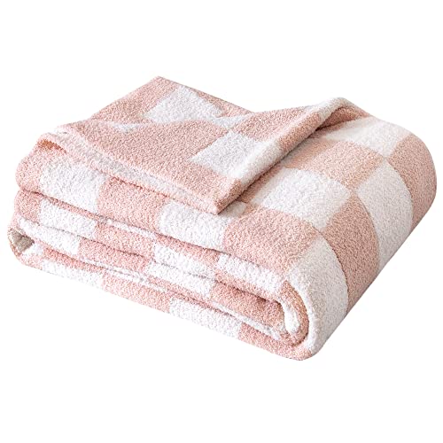 SeaRoomy Checkered Throw Blanket, Ultra Soft Microfiber Knit Throw Blanket, Cozy Fluffy Fuzzy Reversible Checkerboard Pink Blanket for Couch Sofa Bed Decor(Light Pink, 51"63") - Image 2