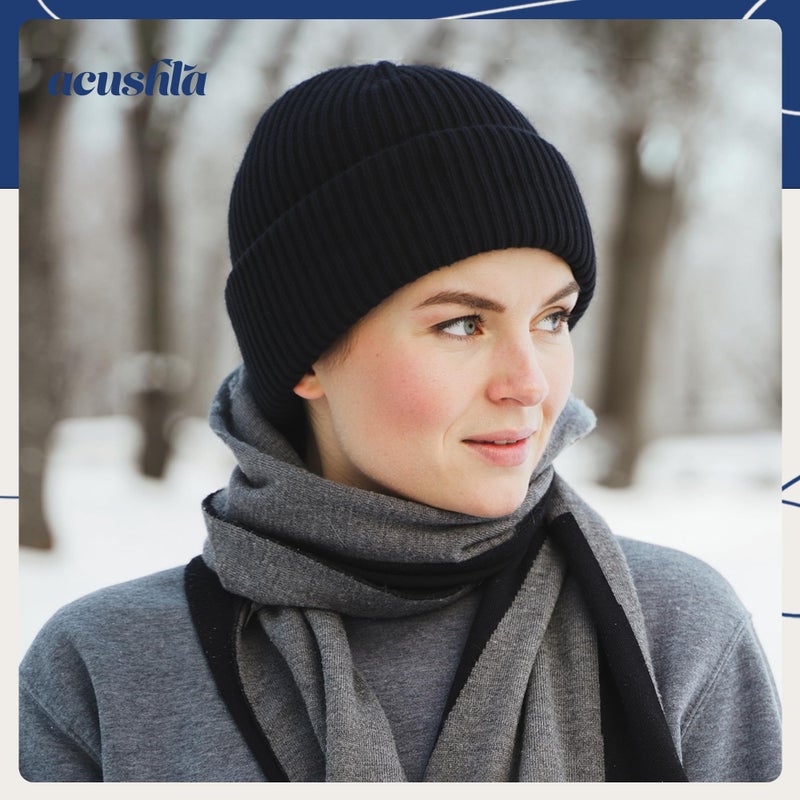 ACUSHLA 100% Merino Wool Cuff Beanie for Men & Women Loose Fit Knitted Winter Hat Unisex Watch Cap Skullie for Cold Weather, M-L Black - Image 2