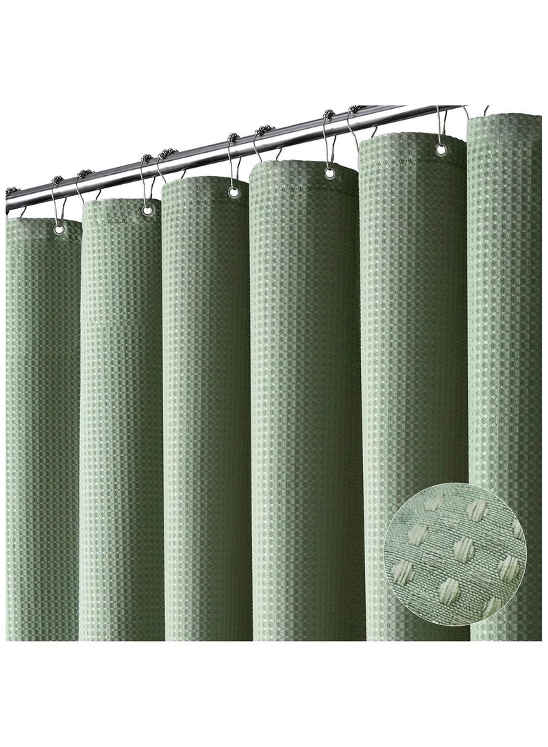 Sage Green Shower Curtain, Waffle Textured Heavy Duty Fabric Shower Curtains with 12 Plastic Hooks, Luxury Weighted Polyester Cloth Bath Curtain Set for Bathroom, Tub, Solid,  - Image 2