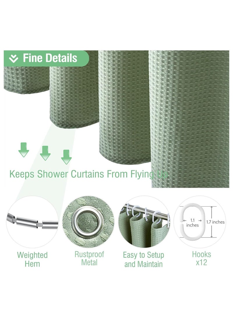 Sage Green Shower Curtain, Waffle Textured Heavy Duty Fabric Shower Curtains with 12 Plastic Hooks, Luxury Weighted Polyester Cloth Bath Curtain Set for Bathroom, Tub, Solid,  - Image 4