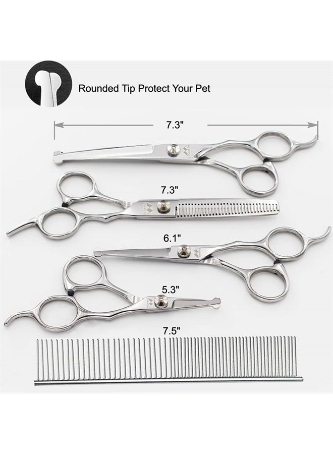 طقم مقصات لتجميل الكلاب مع طرف دائري، مجموعة من 5 مقصات للكلاب والقطط، مقصات تجميل حيوانات أليفة من الفولاذ المقاوم للصدأ، مقصات مستقيمة، مقصات منحنية، مقصات للتخفيف، مشط للجسم بالكامل، الوجه، الأنف، الأذن والقدم.