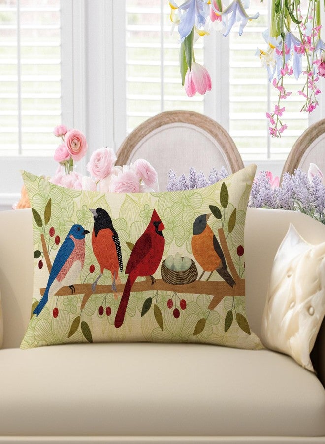 Fjfz Spring Summer Birds Lumbar Decorative Throw Pillow Cover 12 x 20, Green Rectangular Cardinal Bluebird Bullfinch Hooded Oriole Outdoor Home Decor, Branch Nest Bird Egg Flowers Couch Cushion Case - Image 4