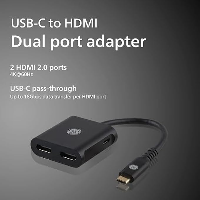 GE محول USB-C إلى HDMI مزدوج 4K @60HZ، محول نوع C إلى HDMI، شاشة، موزع ودعم تمرير USB C لعرض ممتد لشاشتين، للابتوب، الكمبيوتر المكتبي، التابلت، رمادي، 81661 - Image 2