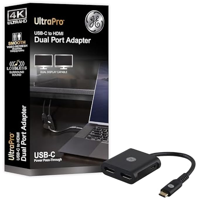 GE محول USB-C إلى HDMI مزدوج 4K @60HZ، محول نوع C إلى HDMI، شاشة، موزع ودعم تمرير USB C لعرض ممتد لشاشتين، للابتوب، الكمبيوتر المكتبي، التابلت، رمادي، 81661 - Image 1