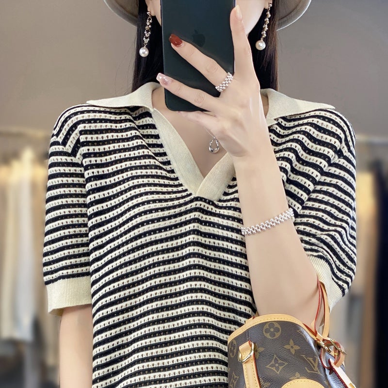 Summer Thin Worsted Wool Striped Short-sleeved Women's V-neck T-shirt Colorblock Lapel Half-sleeved Loose Age-reducing Knitted Top - Image 2