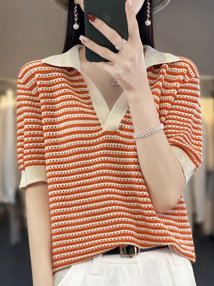 Summer Thin Worsted Wool Striped Short-sleeved Women's V-neck T-shirt Colorblock Lapel Half-sleeved Loose Age-reducing Knitted Top - Image 1