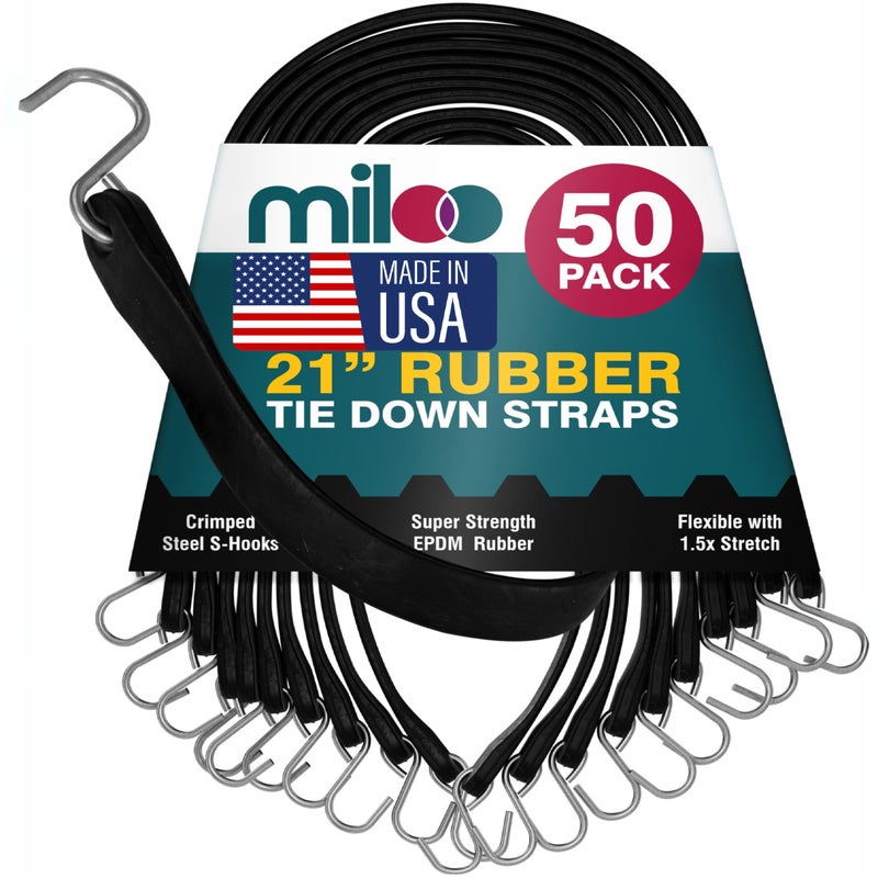 Miloo Miloo Rubber Bungee Cords with Hooks  HeavyDuty EPDM Tarp Straps  21Inch Pack of 50  Made in USA