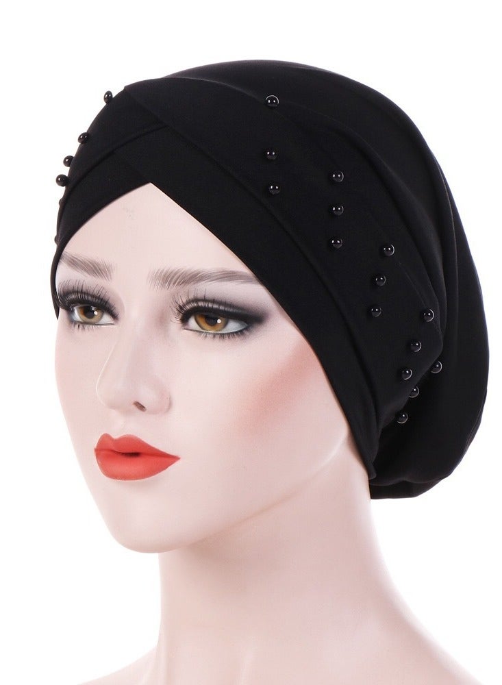 Women Beads Elastic Turban Hat Muslim Hijab Head Wrap,Black 