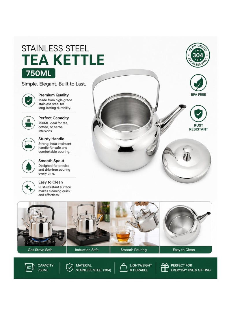Bisbell 750ml Stainless Steel Tea Kettle with Lid, Heat-Resistant Carry Handle and Smooth Pouring Spout, 304 Stainless Steel Teapot for Gas & Induction Cooktops - Image 2