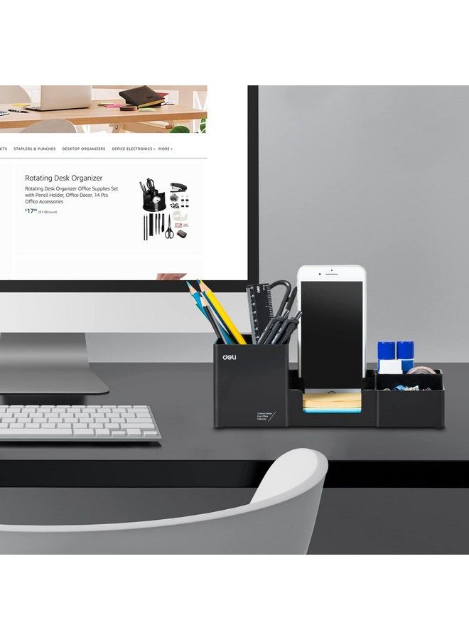 Deli Desk Organizer Plastic Desktop Organizer With Pencil Holder And Sticky Note Tray Office Stationery Supplies Organizers Accessories Caddy 6 Compartments Black - Image 3