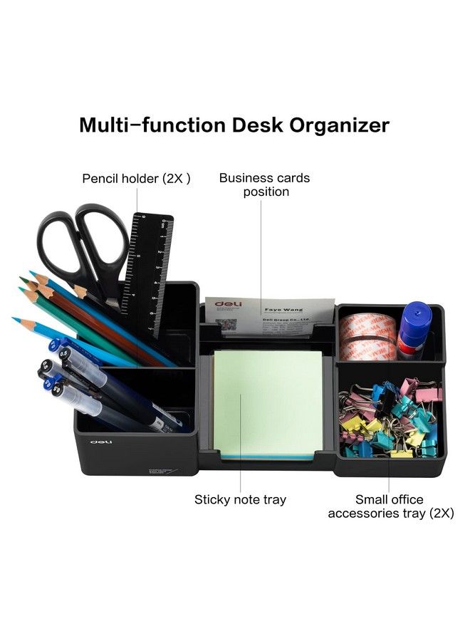 Deli Desk Organizer Plastic Desktop Organizer With Pencil Holder And Sticky Note Tray Office Stationery Supplies Organizers Accessories Caddy 6 Compartments Black - Image 4