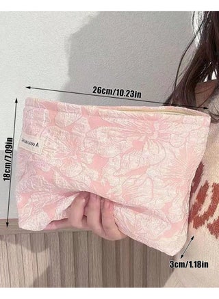 قطعة واحدة شنطة تجميل وردية، مطبوعة بأزهار من قطن بوليستر حقيبة مكياج للسفر، سعة كبيرة شنطة مستحضرات تجميل لمستحضرات التجميل وفرش المكياج، حقيبة مكياج محمولة (للتنقل) للنساء، حقيبة تجميل وردي مقاومة للماء للنساء كبيرة السعة للاستخدام اليومي والسفر، هدية لها، متعددة الألوان بأزهار - view 3