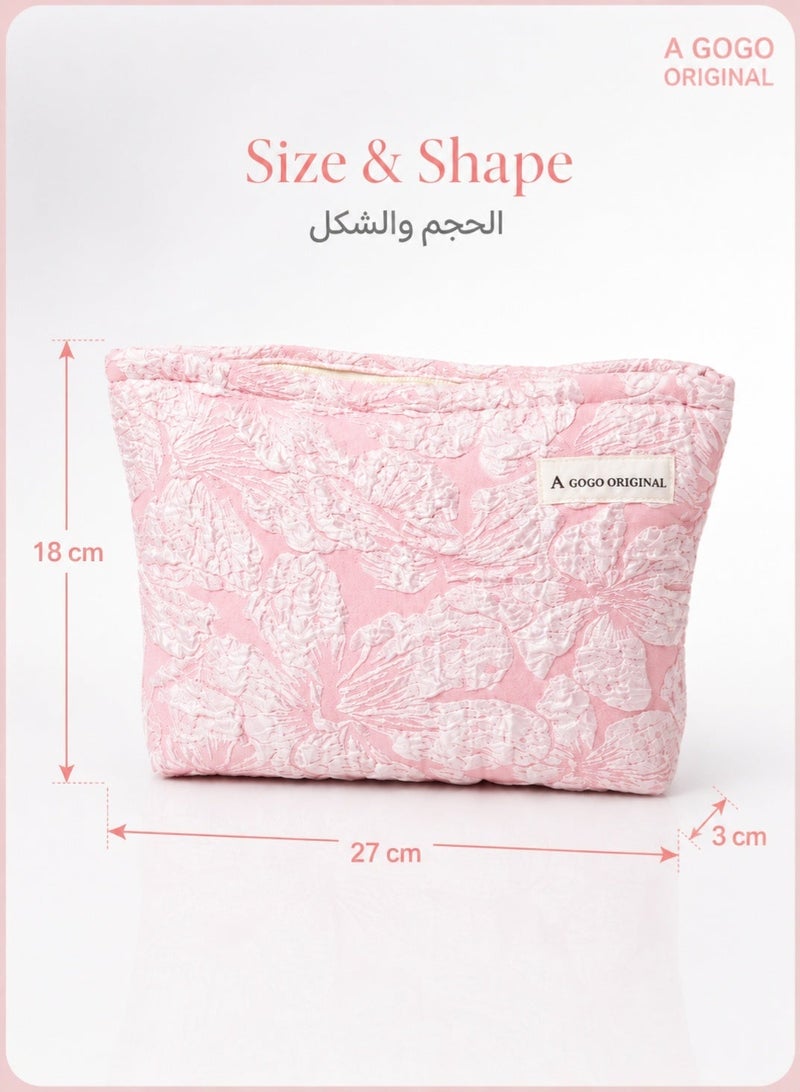 A GOGO ORIGINAL 1 Piece Pink Makeup Bag, Polyester Cotton Floral Print Travel Makeup Bag, Large Capacity Toiletry Bag for Cosmetics, Brush Storage Pouch, Quilted Makeup Bag for Women, Pink Travel Makeup Bag Large Capacity for Daily Use & Travel, Gift for Her, Multicolor Floral - Image 2