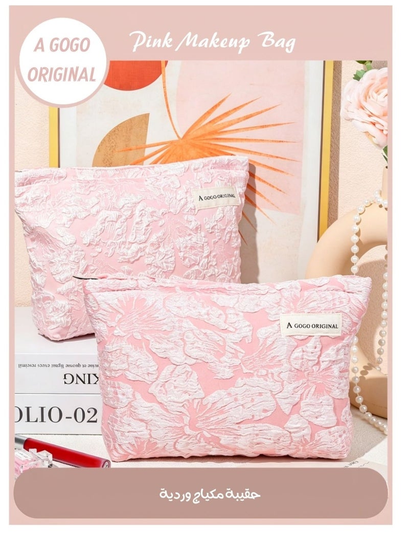 A GOGO ORIGINAL 1 Piece Pink Makeup Bag, Polyester Cotton Floral Print Travel Makeup Bag, Large Capacity Toiletry Bag for Cosmetics, Brush Storage Pouch, Quilted Makeup Bag for Women, Pink Travel Makeup Bag Large Capacity for Daily Use & Travel, Gift for Her, Multicolor Floral - Image 1
