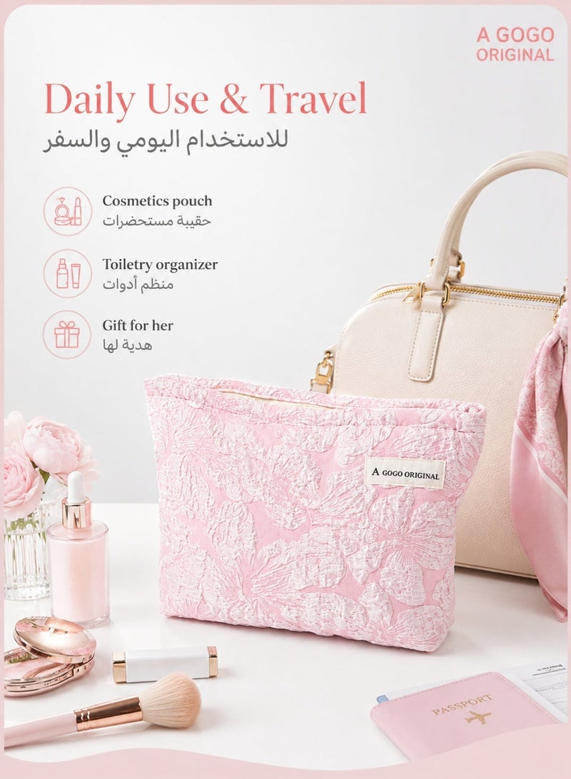 A GOGO ORIGINAL 1 Piece Pink Makeup Bag, Polyester Cotton Floral Print Travel Makeup Bag, Large Capacity Toiletry Bag for Cosmetics, Brush Storage Pouch, Quilted Makeup Bag for Women, Pink Travel Makeup Bag Large Capacity for Daily Use & Travel, Gift for Her, Multicolor Floral - Image 5