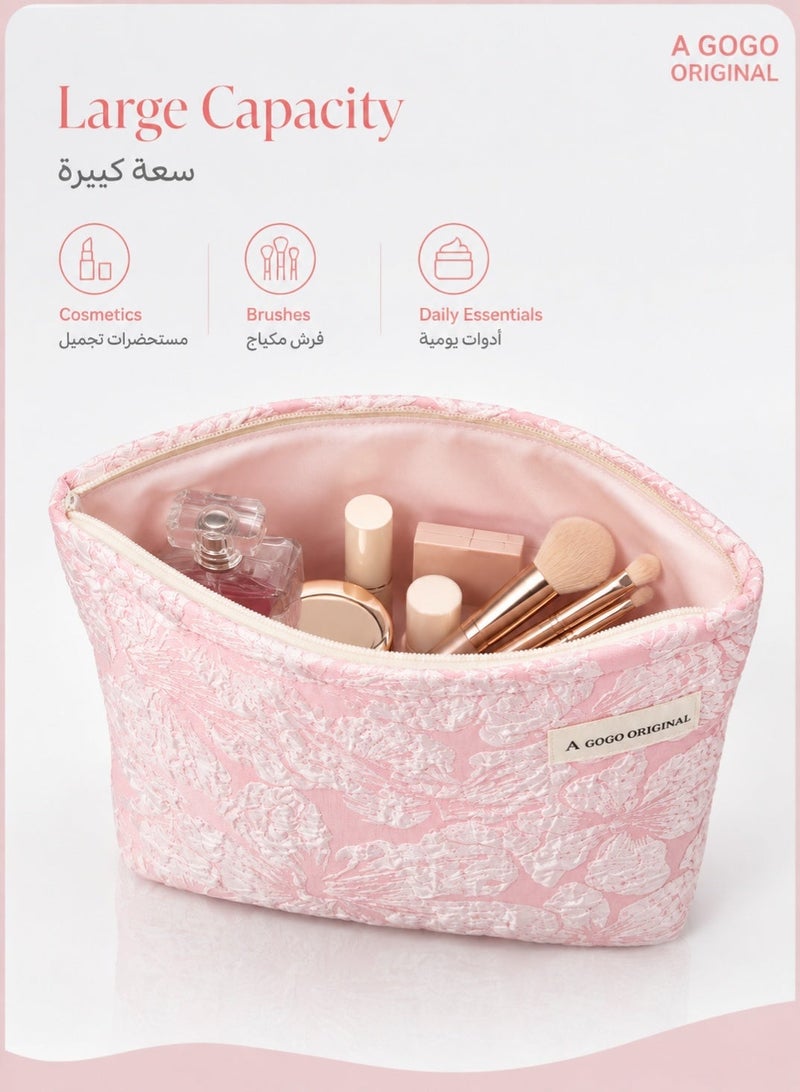 A GOGO ORIGINAL 1 Piece Pink Makeup Bag, Polyester Cotton Floral Print Travel Makeup Bag, Large Capacity Toiletry Bag for Cosmetics, Brush Storage Pouch, Quilted Makeup Bag for Women, Pink Travel Makeup Bag Large Capacity for Daily Use & Travel, Gift for Her, Multicolor Floral - Image 3