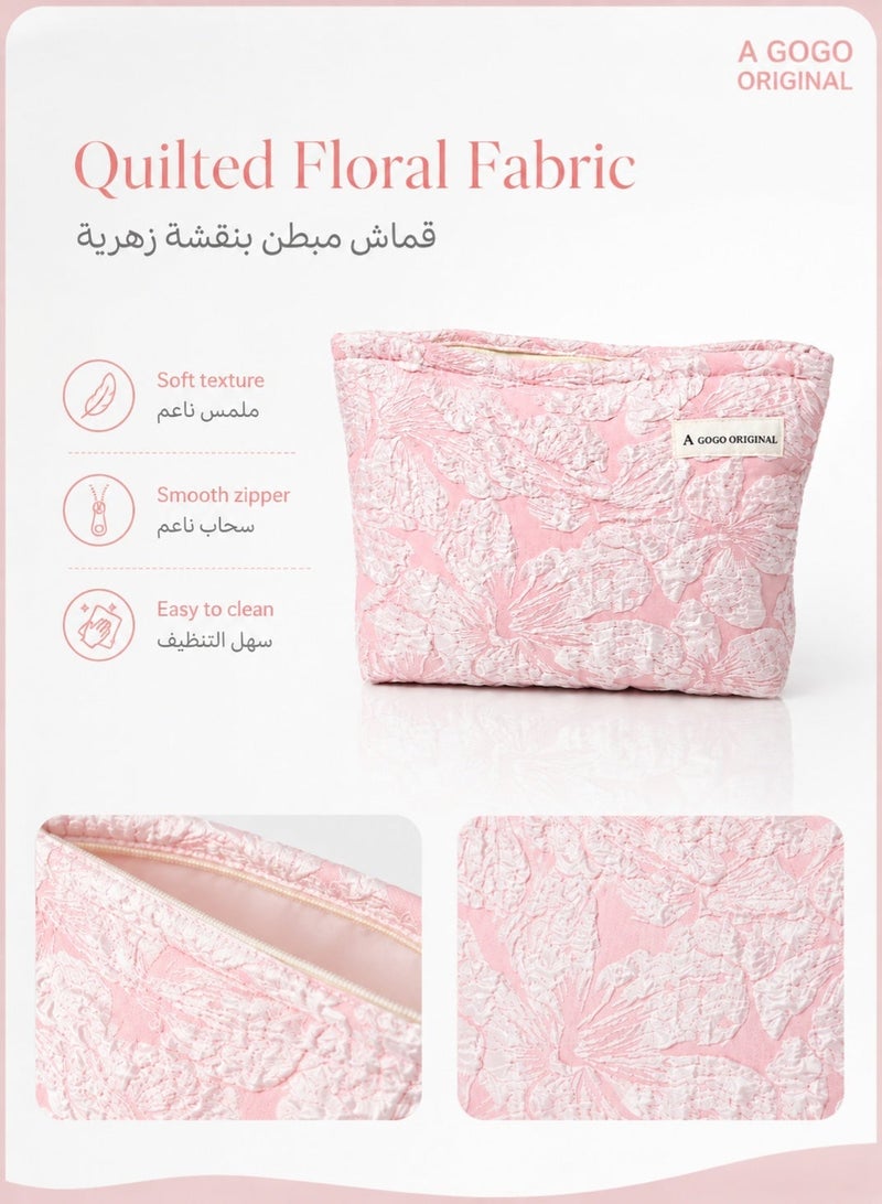 A GOGO ORIGINAL 1 Piece Pink Makeup Bag, Polyester Cotton Floral Print Travel Makeup Bag, Large Capacity Toiletry Bag for Cosmetics, Brush Storage Pouch, Quilted Makeup Bag for Women, Pink Travel Makeup Bag Large Capacity for Daily Use & Travel, Gift for Her, Multicolor Floral - Image 4