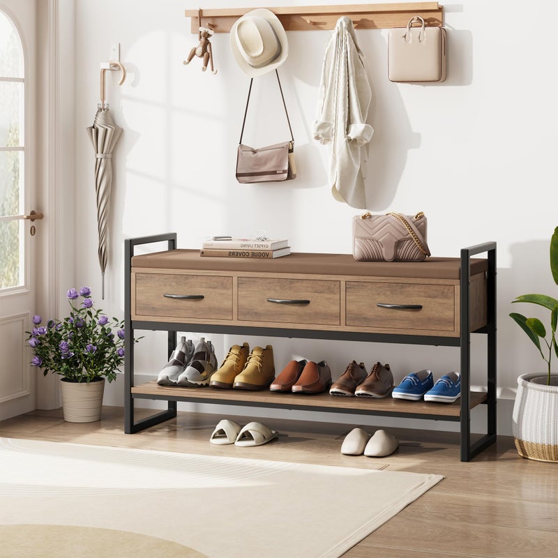BOTLOG Shoe Bench 394 Shoe Storage with Cushion Industrial Rack Organizer with Fabric Drawers for Entryway Hallway Brown