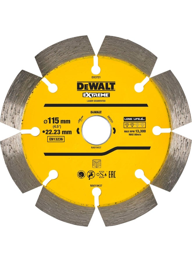 DEWALT Extreme Laser Segmented Concrete Diamond Blade Yellow and Silver 115 x 22.23 mm DX3721