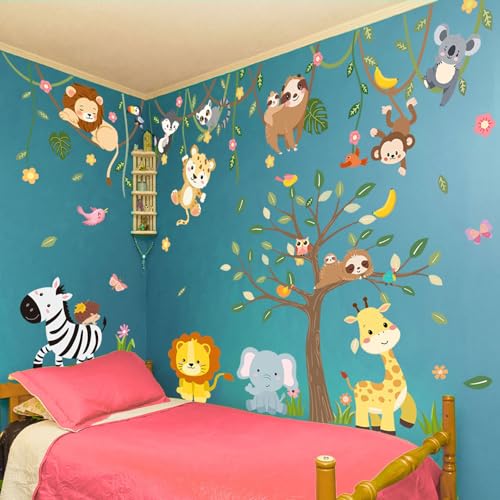CharmFlo Large Jungle Safari Wall Decals 62.59”x90.94” Animals Climbing Trees Removable Peel and Stick Wall Art for Nursery Kids Room Playroom Decor - Image 3
