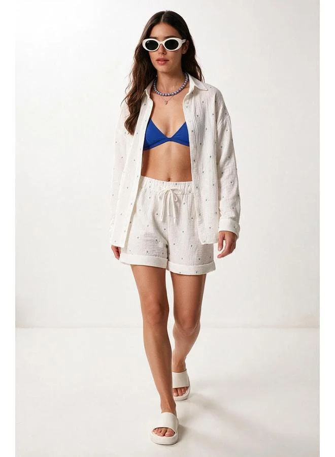 Lovely Istanbul Embroidered Muslin Shirt and Shorts Set LAX0014 WHITE BLUE.