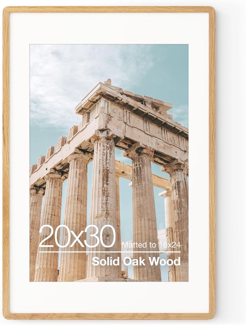 FLYJOE 20x30 Poster Frame | Solid Oak Wood Picture Frame | 30x20 Frame With Mat For 16x24 | Tempered Glass And Hanging Hardware Included | Natural Oak Wood Photo Frame (1 Pack) - Image 1