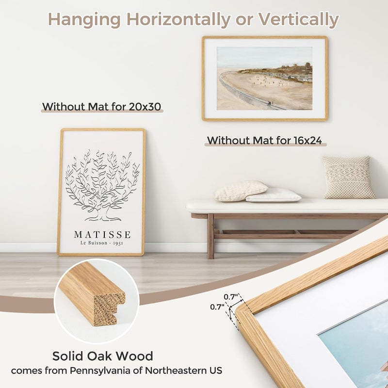 FLYJOE 20x30 Poster Frame | Solid Oak Wood Picture Frame | 30x20 Frame With Mat For 16x24 | Tempered Glass And Hanging Hardware Included | Natural Oak Wood Photo Frame (1 Pack) - Image 2