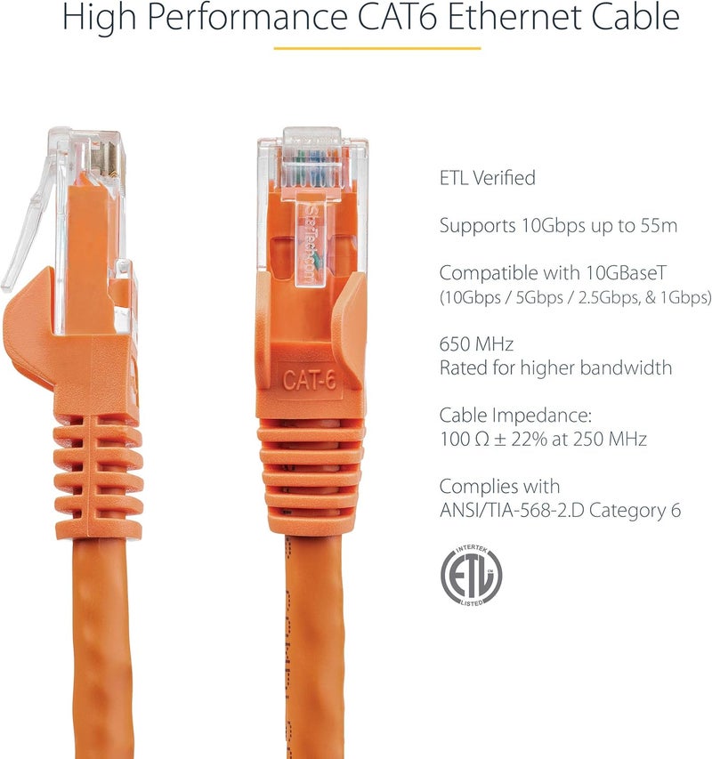 ستار تك .com 10m كابل إيثرنت CAT6 - برتقالي - سلك جيجابت CAT6 - 650MHz 100W PoE++ RJ45 UTP كابل شبكة/توصيلة الفئة 6 بدون عقبات مع تخفيف الإجهاد - تم اختباره بواسطة Fluke ومعتمد من UL/TIA (N6PATC10MOR) - Image 2