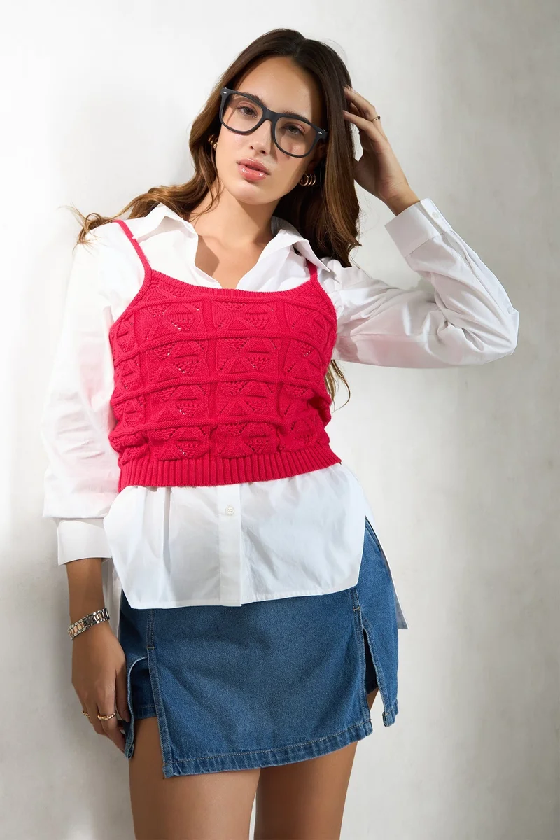 Virgio  VIRGIO 100% Cotton Red Knit Strappy Crop Top for Women | Best Price UAE