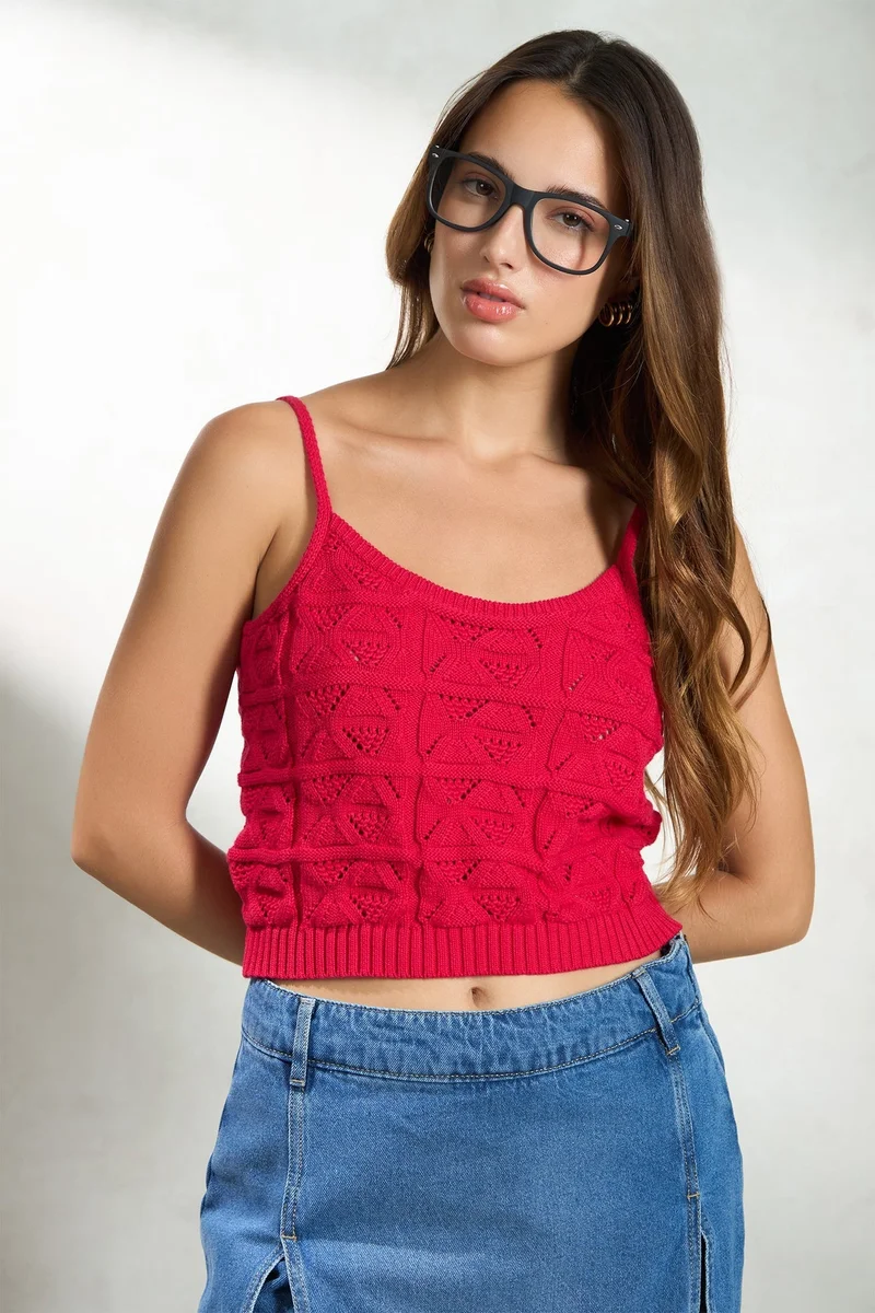 Virgio  VIRGIO 100% Cotton Red Knit Strappy Crop Top for Women | Best Price UAE