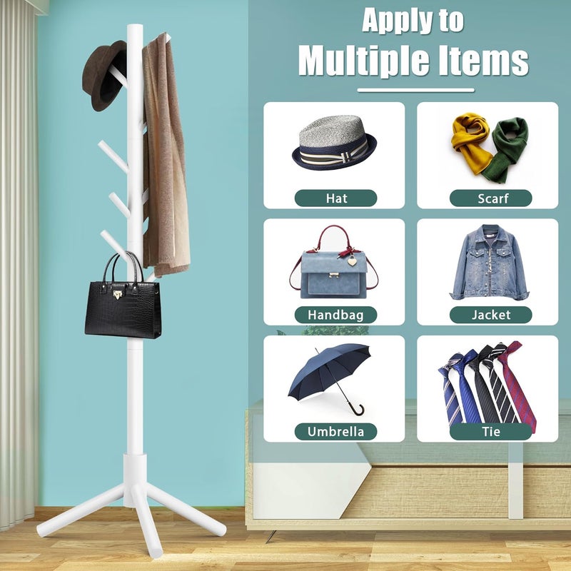 Haddockway Wooden Coat Rack Stand with 8 Hooks New Zealand Pine 3 Adjustable Coat Standing Tree Easy Assembly for Coats, Hats, Scarves and Handbags for Entryway, Hallway, Bedroom, Office, white - Image 5