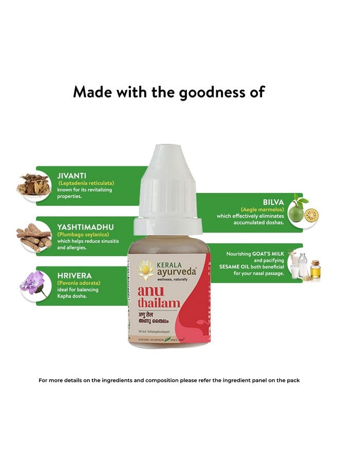 Kerala Ayurveda Anu Thailam 10Ml | For Nasya | Nasal Oil For Sinusitis, Allergies & Nasal Congestion | For Clear Breathing | Good Eyesight | With Jivanti, Yashtimadhu, Hrivera & Bilva |  - Image 5