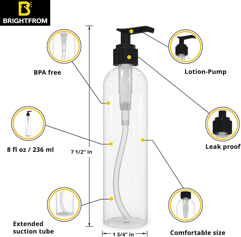 BRIGHTFROM Lotion Pump Bottles, Empty 8 OZ, BPA-Free Refillable Plastic Containers, Clear with Black Dispenser for - Soap, Shampoo, Lotions, Liquid Body Soap, Creams and Massage Oil (3 Pack) - Image 2