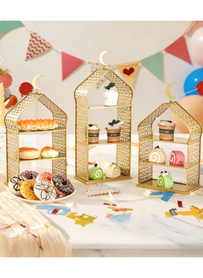 3 Tiered Ramadan Serving Trays Decorations for Home - Palace Pattern Eid Mubarak Metal Platters Table Decor Gifts, Golden Cake Holder, Islam Muslim Al-fitr Iftar Party Food Display Stand (YB212) - Image 1