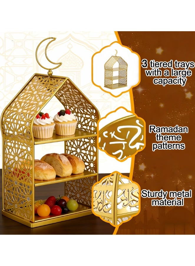 3 Tiered Ramadan Serving Trays Decorations for Home - Palace Pattern Eid Mubarak Metal Platters Table Decor Gifts, Golden Cake Holder, Islam Muslim Al-fitr Iftar Party Food Display Stand (YB212) - Image 2
