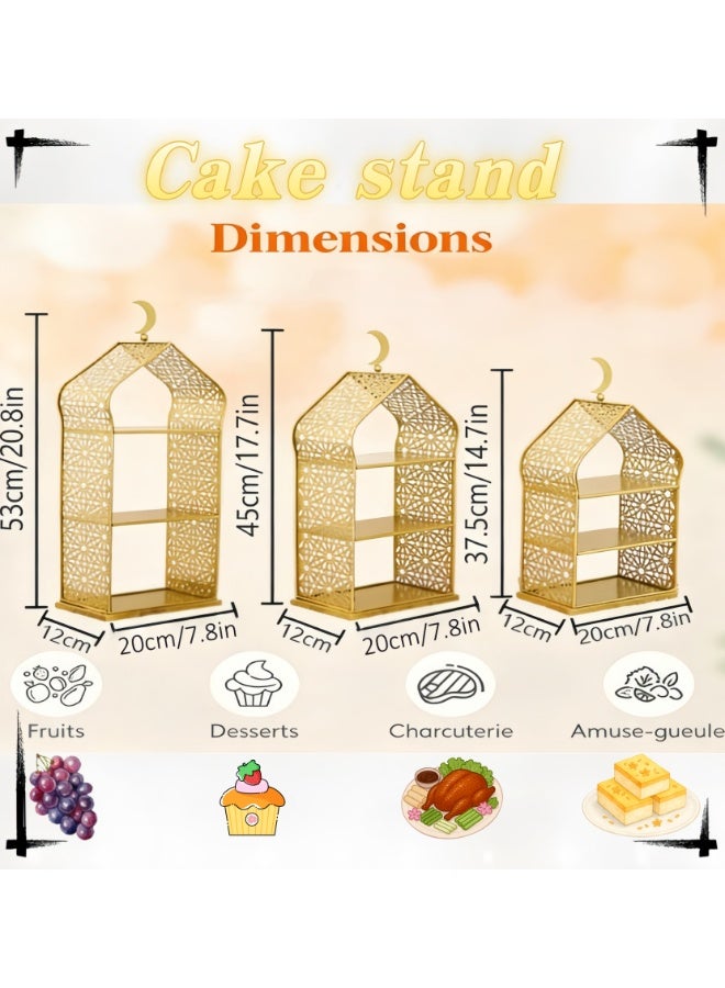 3 Tiered Ramadan Serving Trays Decorations for Home - Palace Pattern Eid Mubarak Metal Platters Table Decor Gifts, Golden Cake Holder, Islam Muslim Al-fitr Iftar Party Food Display Stand (YB212) - Image 3