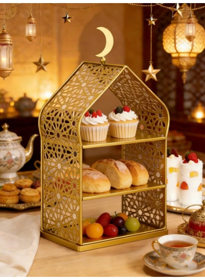 3 Tiered Ramadan Serving Trays Decorations for Home - Palace Pattern Eid Mubarak Metal Platters Table Decor Gifts, Golden Cake Holder, Islam Muslim Al-fitr Iftar Party Food Display Stand (YB212) - Image 4