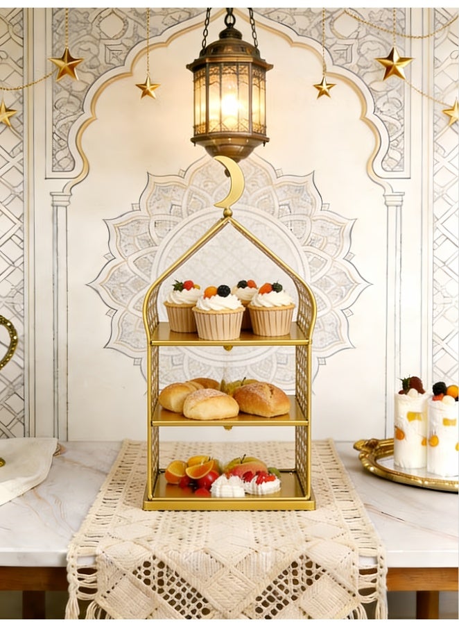 3 Tiered Ramadan Serving Trays Decorations for Home - Palace Pattern Eid Mubarak Metal Platters Table Decor Gifts, Golden Cake Holder, Islam Muslim Al-fitr Iftar Party Food Display Stand (YB212) - Image 5