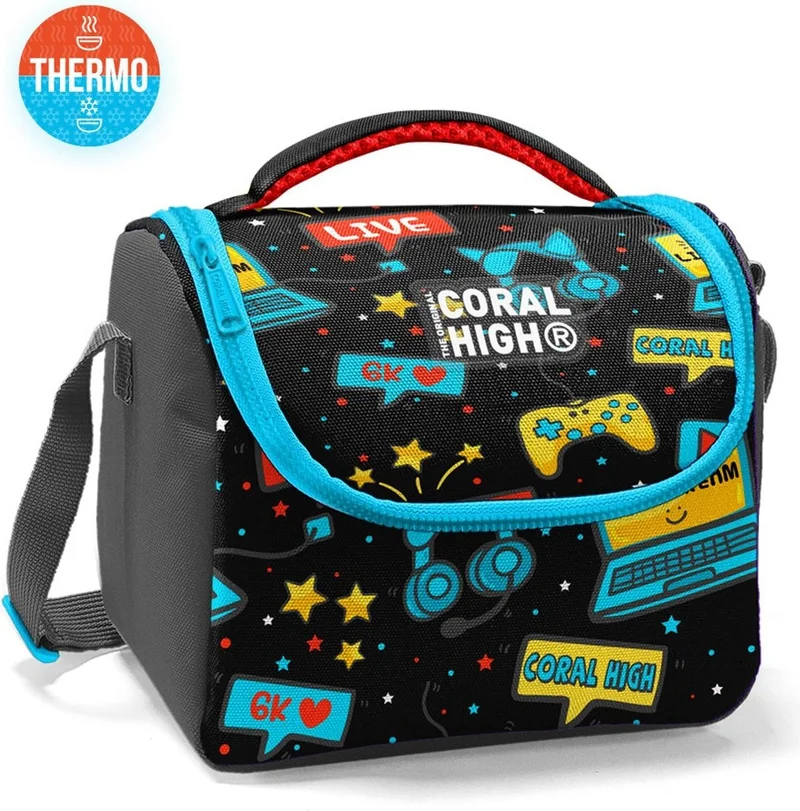 CORAL HIGH Kids Black Blue Gamer Patterned Thermo Lunchbox 11892