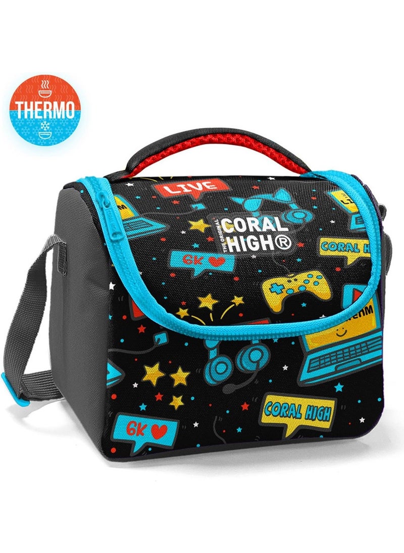 CORAL HIGH - Kids Black Blue Gamer Patterned Thermo Lunchbox 11892 - Image 1