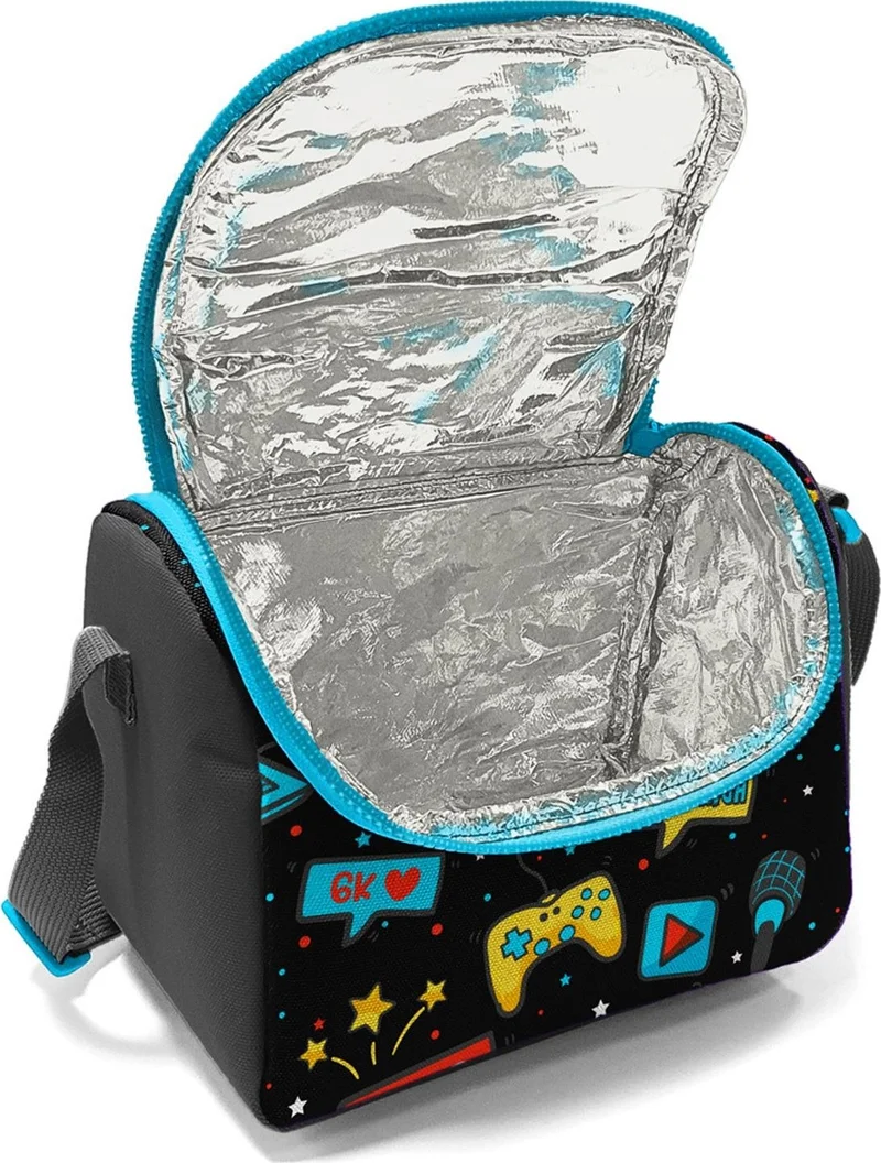 CORAL HIGH Kids Black Blue Gamer Patterned Thermo Lunchbox 11892
